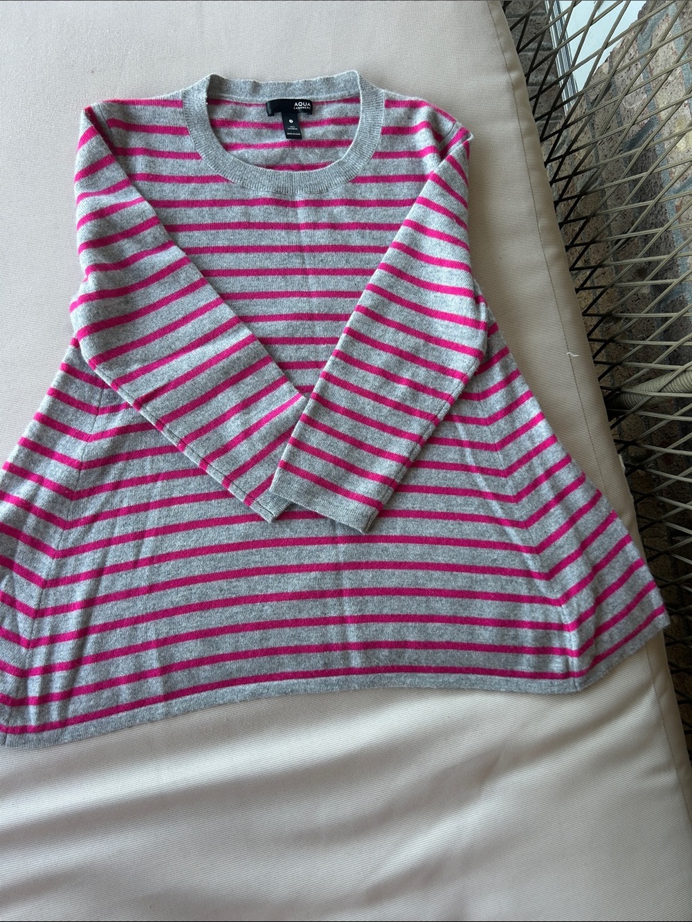 Aqua Gray & Hot Pink Cashmere Striped Crewneck Sweater